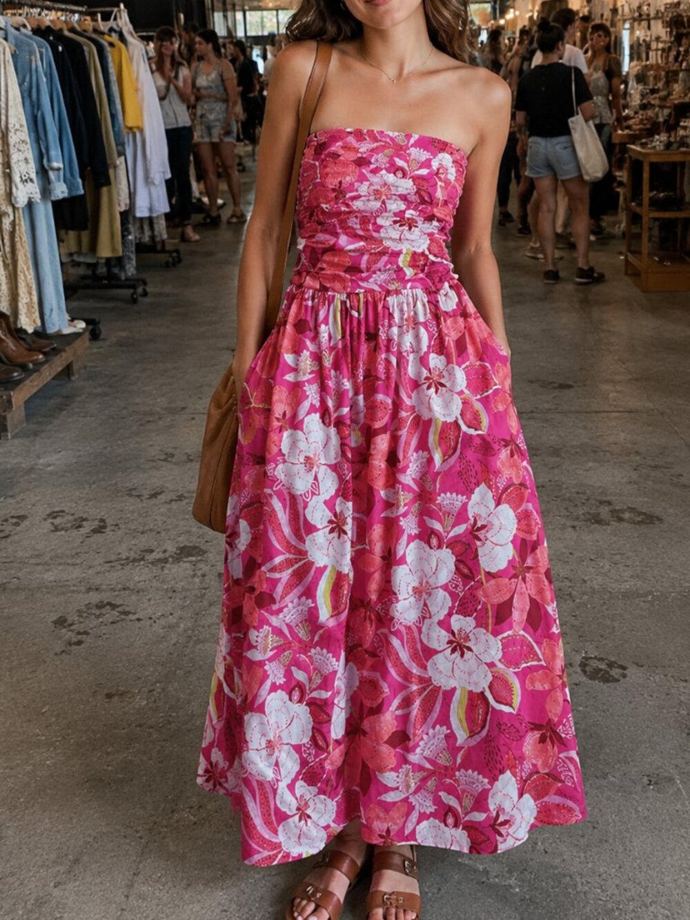 Band of the Free Strapless Ruched Floral Maxi Dress Smocked Fuchsia Pink S